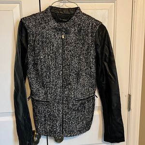 Express black & white coat with faux leather sleeves, size small